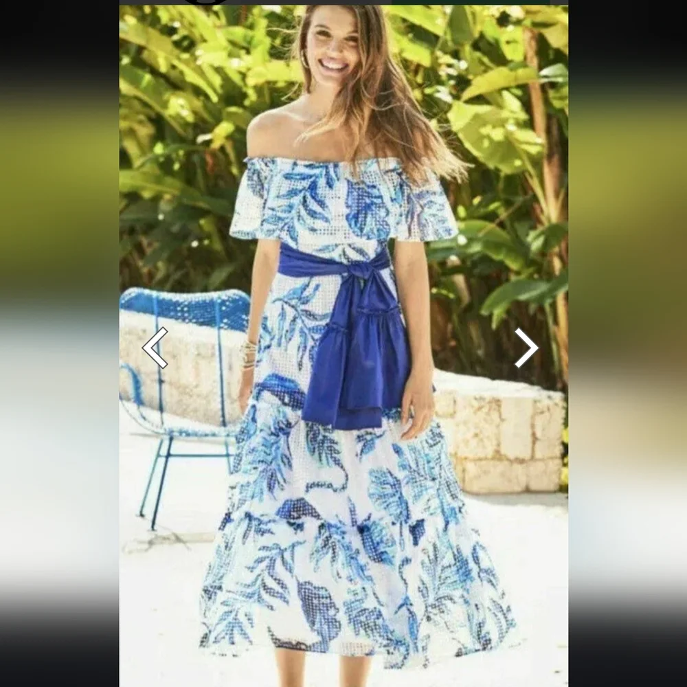 Nwt Lilly Pulitzer Sona White/Blue Floral Off Shoulder Tiered Mesh Midi Dress - Picture 7 of 17